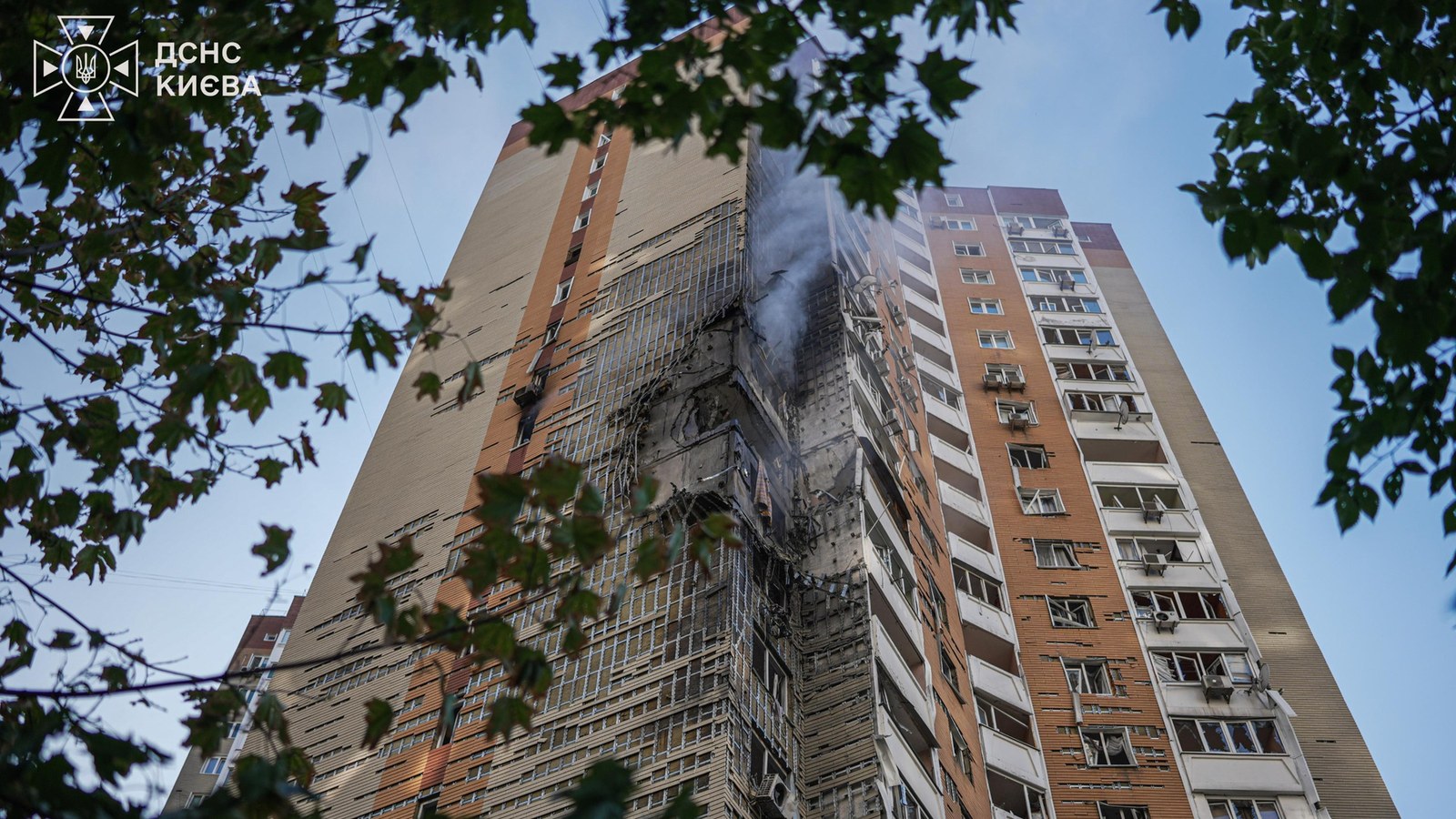 SES Ukraine Kyiv crews on the Darnytskyi high-rise after the morning UAV strike. Handout. No casualties pictured.