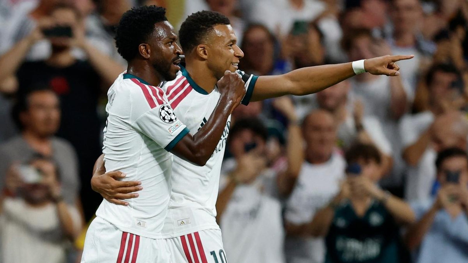 Kylian Mbappé celebrates after scoring for Real Madrid against Inter at the Bernabéu. Reuters match still.