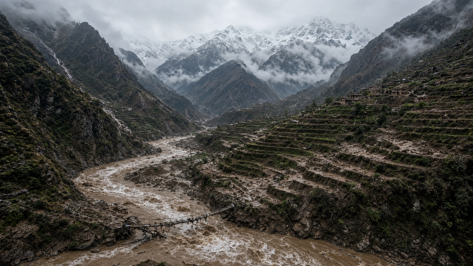 Swollen brown Himalayan river below misty peaks and a broken stone bridge