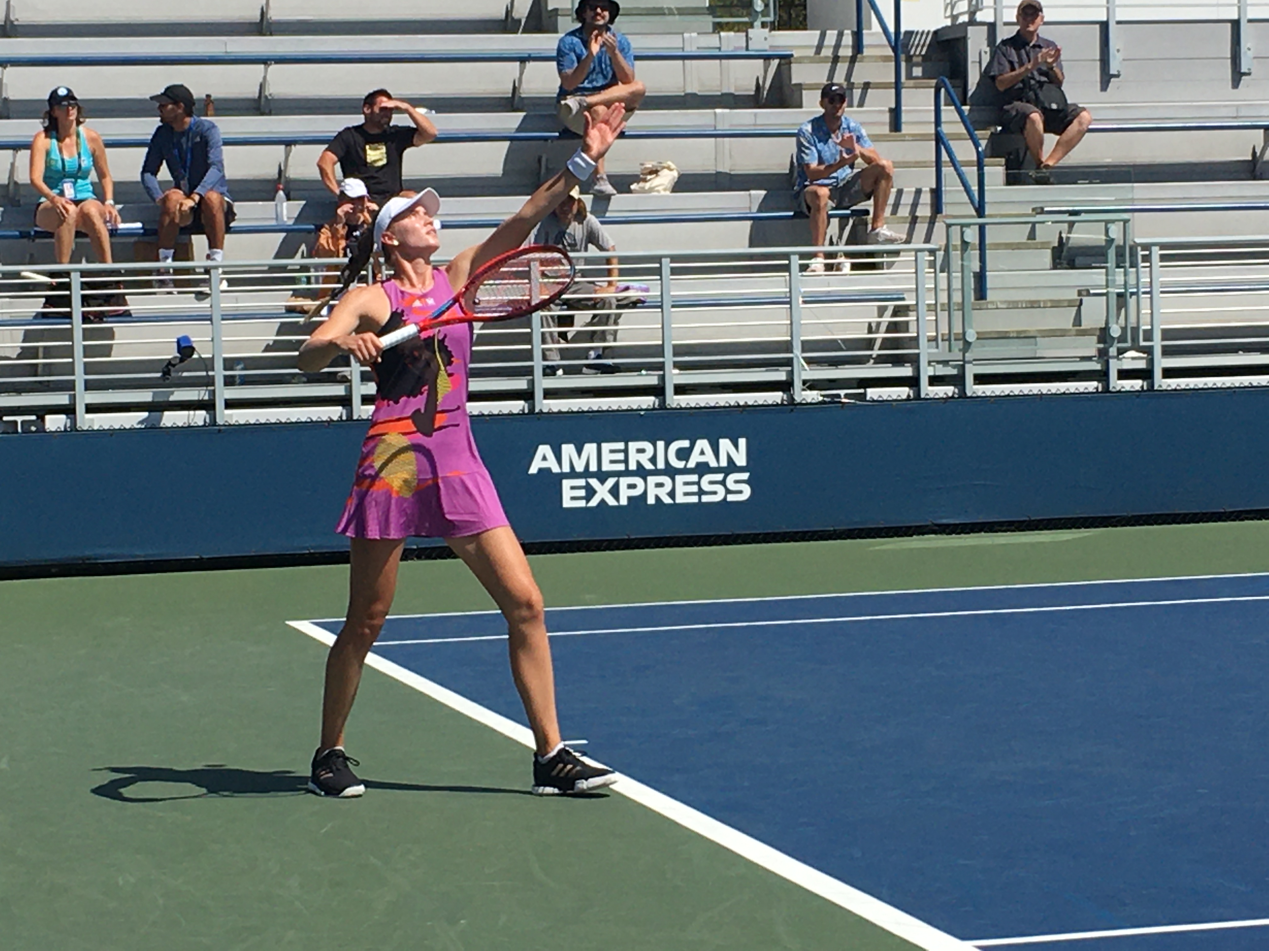 Elena Rybakina preparing to serve at the 2022 US Open — archival still, not the 2026 quarter-final.