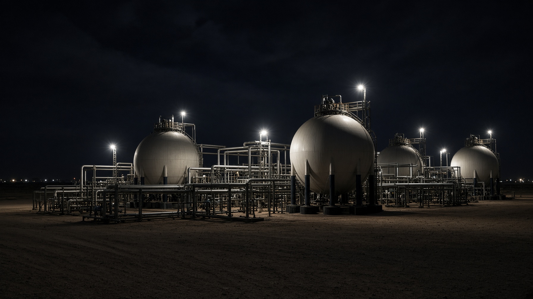 Night industrial tanks and pipework at a desert energy complex under floodlights