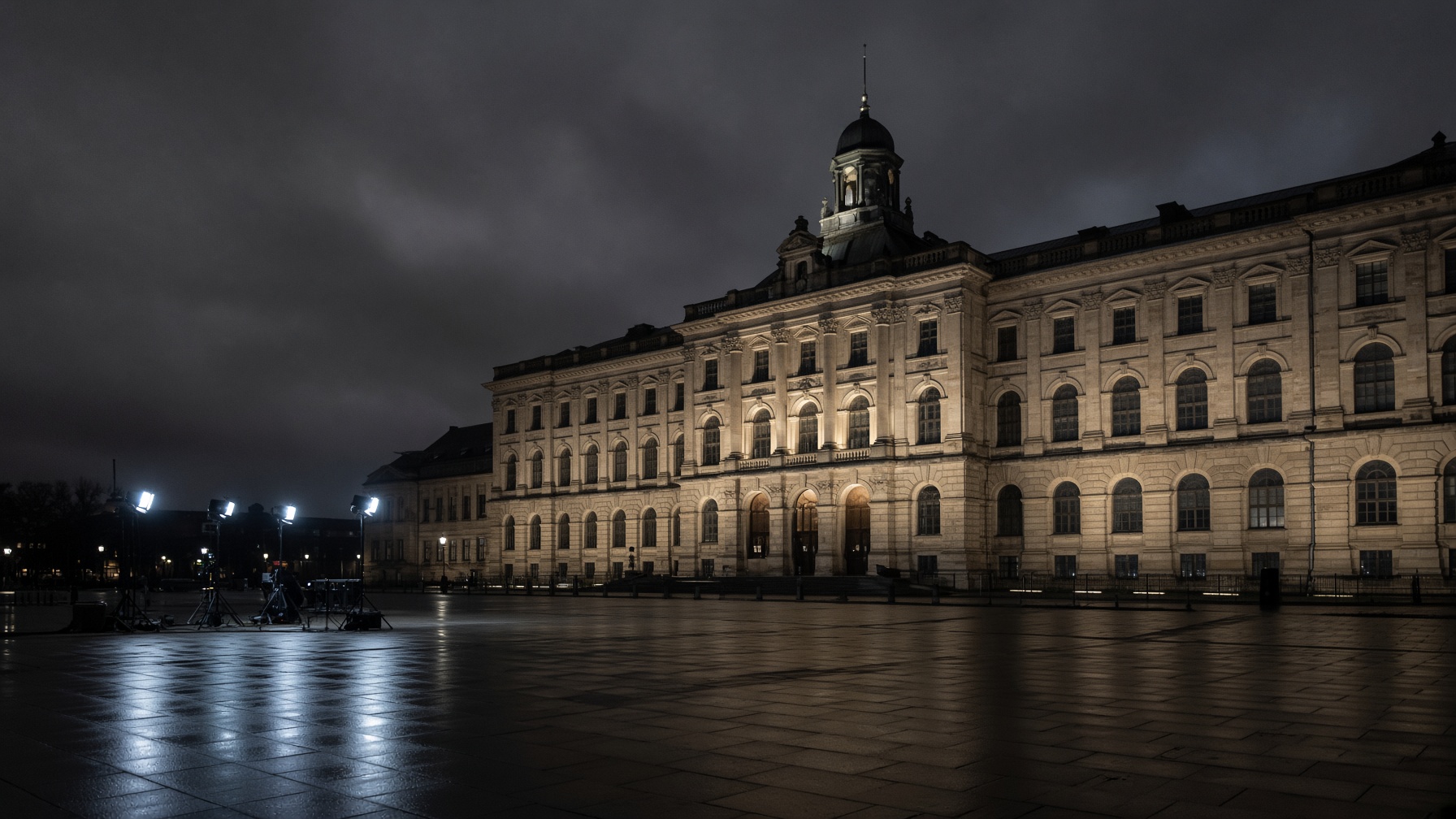 Floodlit German state parliament building at night over an empty plaza